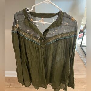 Free People - Green striped floral sheer neckline blouse